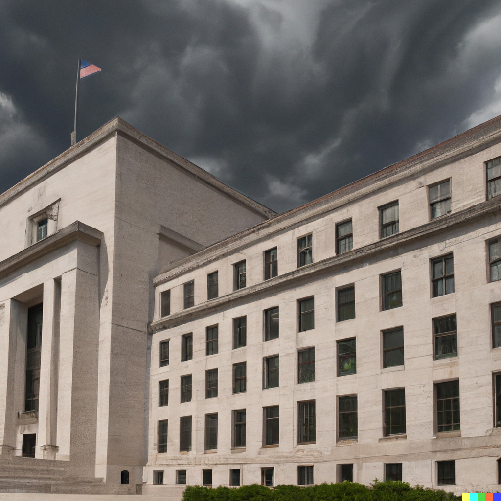 13-FED federal reserve with storm clouds